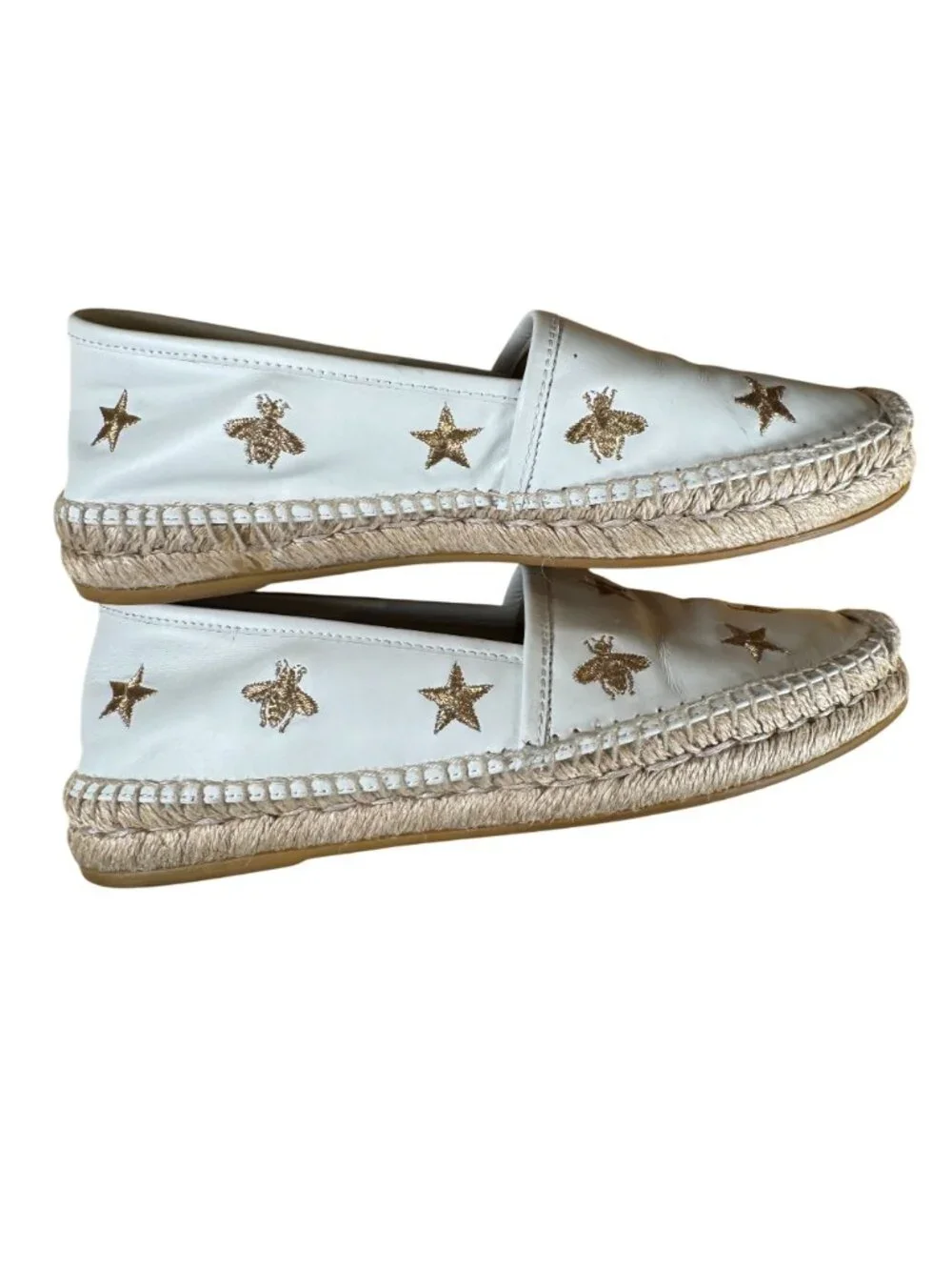 Gucci White Leather Pilar Bee Embroidered Espadrilles Shoes Size EU 37 US 7